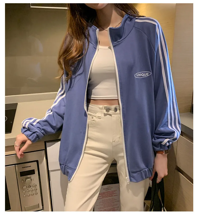 Cotton cecBaseball Jersey Tops Women Korean Hong Kong Stand Collar Zipper Cardigan Outerwear