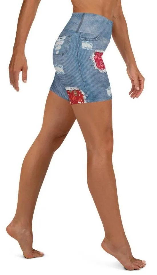 Ripped Denim Christmas Yoga Shorts