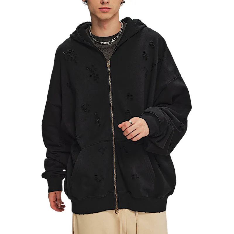 Two way zip distressed hoodie