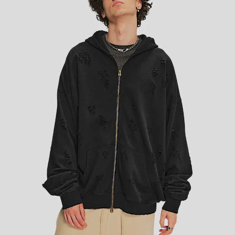 Two way zip distressed hoodie